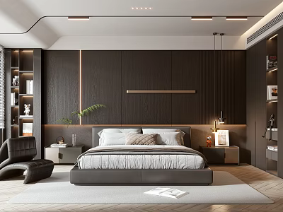 Modern Bedroom Interior With Dark Wooden Panel Wall Platform Bed Accent Chair And Bookshelves 3d model