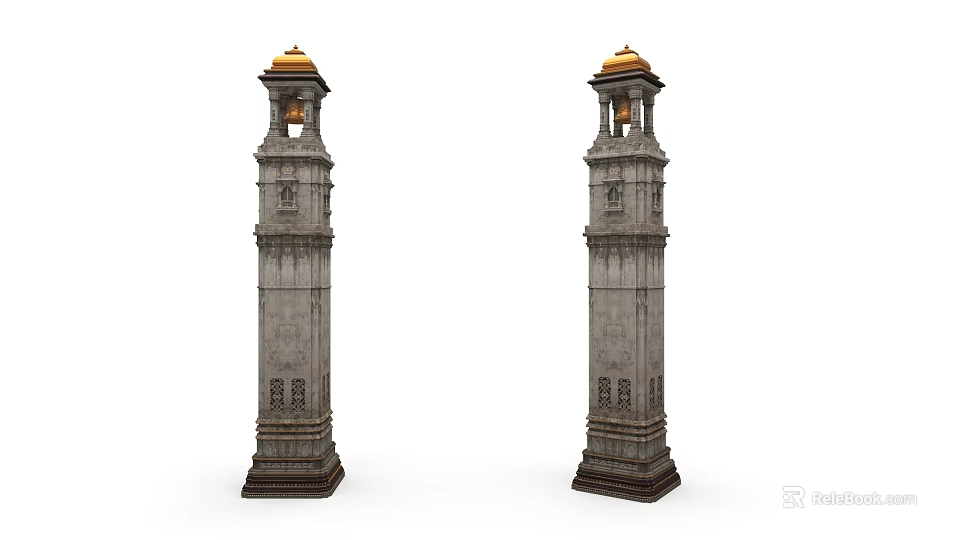 Two Ornate Stone Columns With Golden Dome Top And Bell Featuring Intricate Carved Architectural Details 3d model 