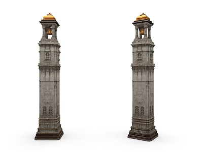 Two Ornate Stone Columns With Golden Dome Top And Bell Featuring Intricate Carved Architectural Details 3d model