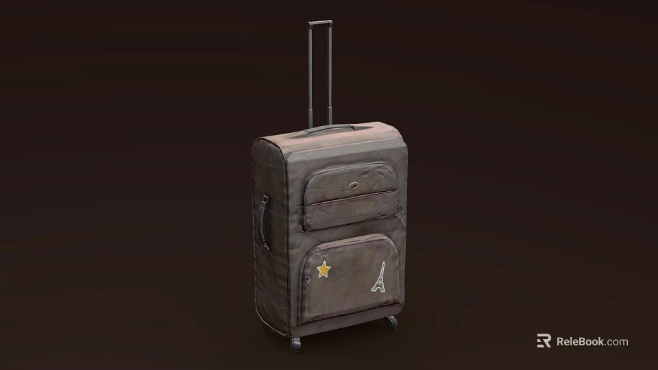 Gray Luggage with Retractable Handle and Wheels Decorated with Star and Eiffel Tower Emblems 3d model 
