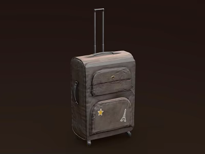 Gray Luggage with Retractable Handle and Wheels Decorated with Star and Eiffel Tower Emblems 3d model