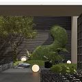 Serene Indoor Landscape With Black Wall Curved Green Plants Round Lights And Gravel Ground
