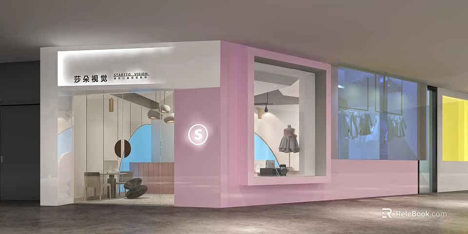 Daovozo Mall Store Pink Exterior With Shop Window Display Mannequin In Dress And Hanging Clothes 3d model 