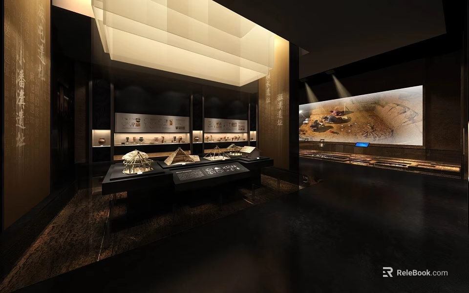 Cultural Center Interior Exhibition Space With Display Cabinets Lighting And Historical Artifacts 3d model 