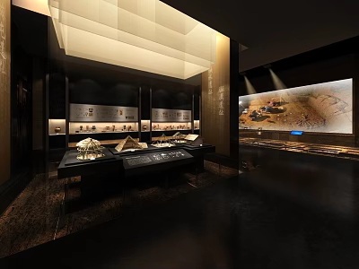 Cultural Center Interior Exhibition Space With Display Cabinets Lighting And Historical Artifacts 3d model