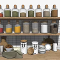 Organized Kitchen Shelves With Glass Spice Jars Wooden Lids And Ceramic Storage Containers