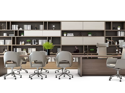 Modern Office Desk Setup With Gray Chairs Bookshelves And Green Plants 3d model