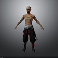 Detailed Tattooed Male Character With Pink White Hair Mask And Dark Pants