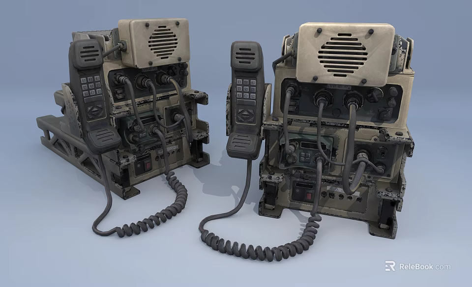 Vintage Dual Military Communication Units With Metal Frames Telephone Handsets And Cables 3d model 