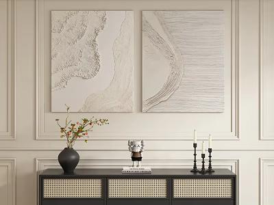 Abstract Paintings In Neutral Tones Hanging On Wall With Decorative Cabinet And Ornaments 3d model