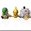Colorful Stuffed Toy Figures With Green Helmet Yellow Bird And Top Hat White Doll