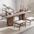 Wooden Tea Table and Chairs with Green Plant Books in Minimalist Space by Window Blinds