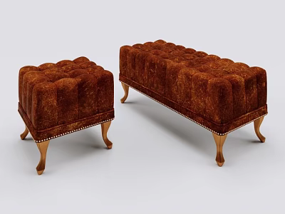 Two Brown Tufted Velvet Sofa Stools With Wooden Legs And Classic Design 3d model