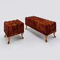 Two Brown Tufted Velvet Sofa Stools With Wooden Legs And Classic Design