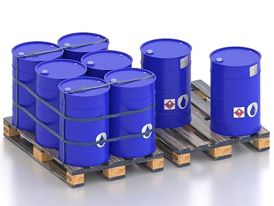 Industrial Equipment Blue Barrels Properly Stacked On Wooden Pallets For Industrial Storage 3d model