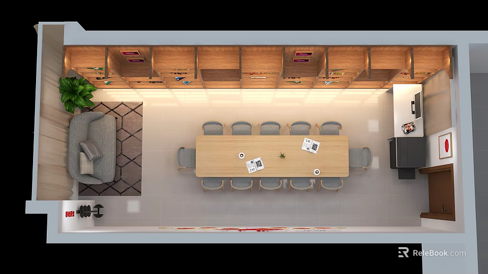 Modern Living Dining Space Interior With Sofa Long Table Chairs Bookshelves And Plant 3d model 
