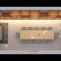 Modern Living Dining Space Interior With Sofa Long Table Chairs Bookshelves And Plant