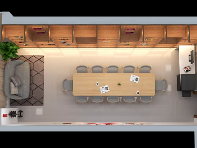 Modern Living Dining Space Interior With Sofa Long Table Chairs Bookshelves And Plant 3d model