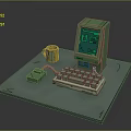 Vintage Computer Setup With Green Monitor Yellow Mug Keyboard And Mouse Pad