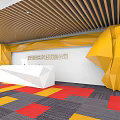 Modern Front Desk Reception Space With Yellow Geometric Walls Blue Chairs Sofa And Colorful Carpet