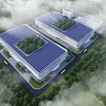 Modern Industrial Factory Building With White Exterior Green Lawn And Trees Surroundings