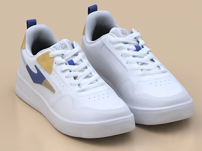 White Casual Sneakers Featuring Blue Gold Accents Lace Up Design And Comfortable Sole 3d model