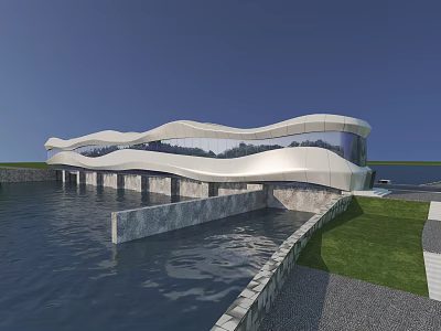 Modern Waterfront Building With Wave Shaped Roof Glass Facade Lush Grass And Stone Pathway 3d model