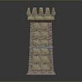 Medieval Style Brick Tower With Crenellated Top Multi Colored Bricks And Blue Accent Band