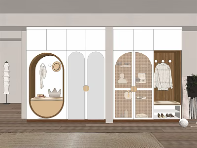 Modern Shoe Cabinet With Arched And Glass Doors Clothing Hanging Space And Shoe Shelves 3d model