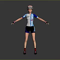 Cyclist In Blue White Cycling Gear With Helmet Black Shorts Red Socks Arms Outstretched