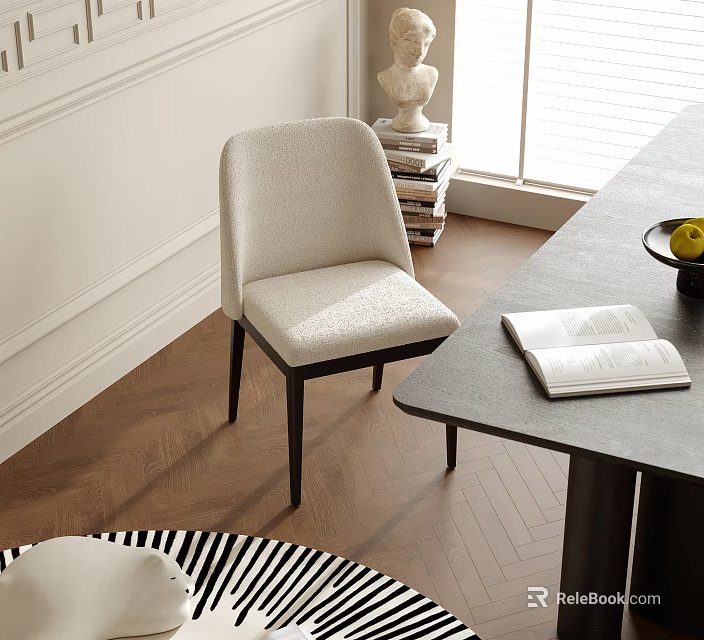 Modern Beige Upholstered Dining Chair With Black Wooden Legs By Dining Table And Books 3d model 