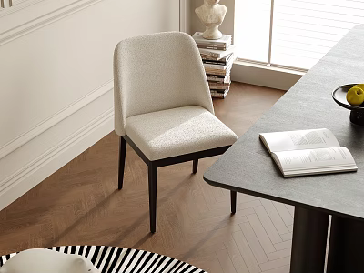 Modern Beige Upholstered Dining Chair With Black Wooden Legs By Dining Table And Books 3d model
