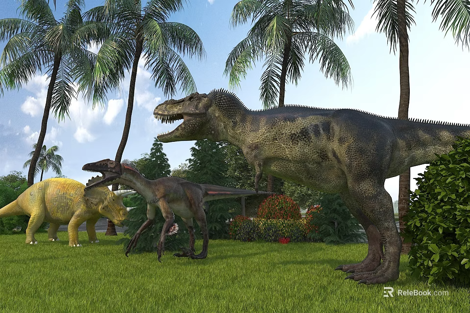 Lush Natural Scene With Various Dinosaurs Palm Trees Green Grass And Blue Sky 3d model 