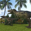 Lush Natural Scene With Various Dinosaurs Palm Trees Green Grass And Blue Sky