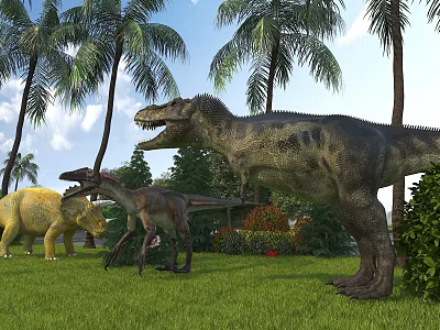 Lush Natural Scene With Various Dinosaurs Palm Trees Green Grass And Blue Sky 3d model