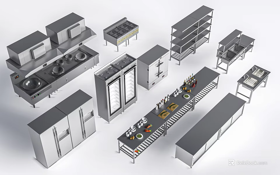 Stainless Steel Commercial Kitchen Equipment Including Stoves Refrigerators Worktables Shelves And Storage Cabinets 3d model 