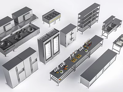 Stainless Steel Commercial Kitchen Equipment Including Stoves Refrigerators Worktables Shelves And Storage Cabinets 3d model