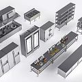 Stainless Steel Commercial Kitchen Equipment Including Stoves Refrigerators Worktables Shelves And Storage Cabinets