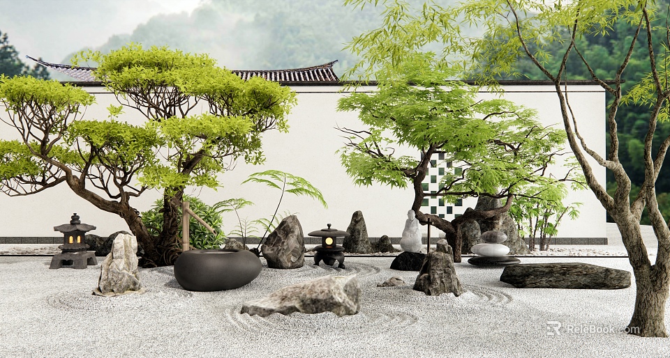 Traditional Japanese Zen Garden With Green Trees Stones Raked Gravel White Walls Black Tiled Roof 3d model 