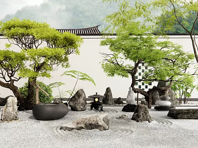 Traditional Japanese Zen Garden With Green Trees Stones Raked Gravel White Walls Black Tiled Roof 3d model