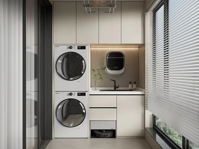 Modern Home Balcony With Stacked Washing Machine Dryer Sink And Storage Cabinets 3d model