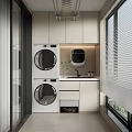 Modern Home Balcony With Stacked Washing Machine Dryer Sink And Storage Cabinets