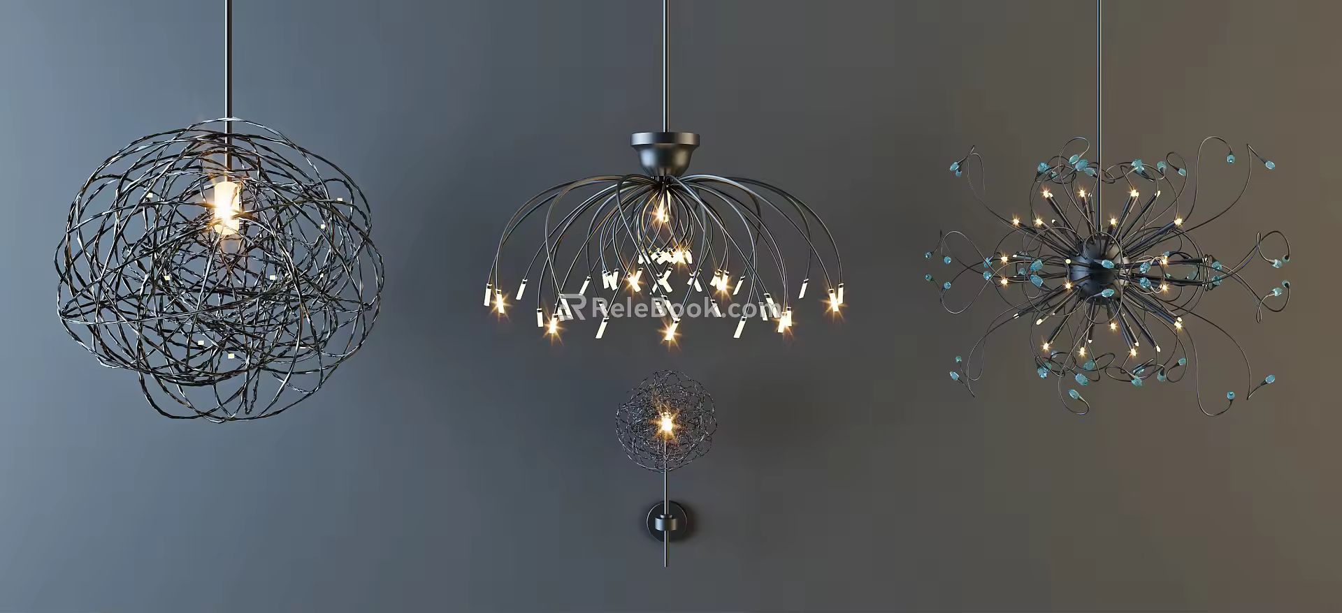 Post-modern lamp combination stylish simple metal chandelier combination 3d model