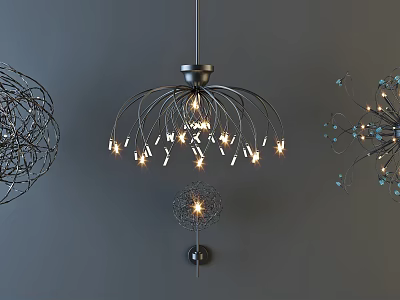 Modern Decorative Lighting Combination With Wire Frame Designs and Illuminated Bulbs Against Grey Background 3d model