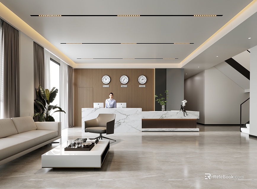 Modern Hotel Lobby Interior Design With Marble Reception Desk Sofa Coffee Table And Plants 3d model 