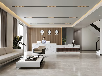 Modern Hotel Lobby Interior Design With Marble Reception Desk Sofa Coffee Table And Plants 3d model