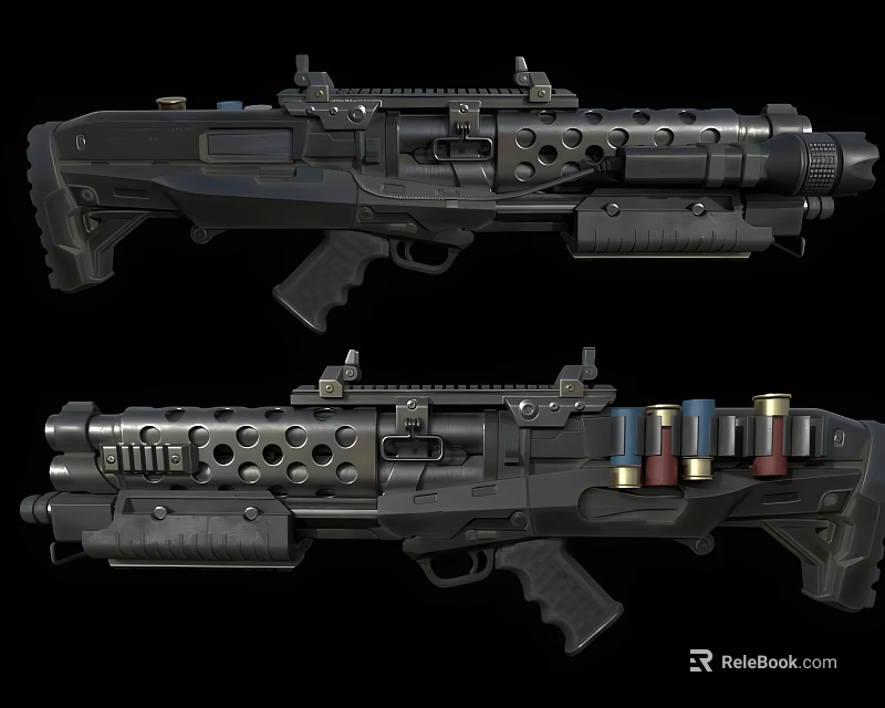 Modern Black Tactical Weapon Featuring Perforated Metal Body And Detachable Magazine 3d model 