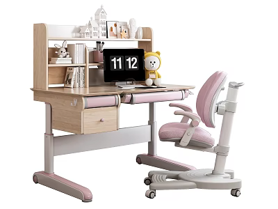 Kids Study Desk With Light Wood Pink Ergonomic Chair Monitor Teddy Bear And Decorative Shelf 3d model
