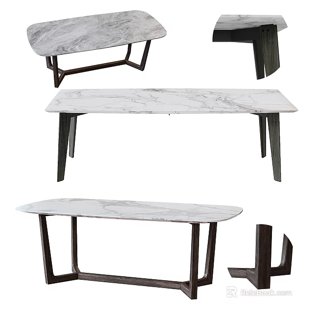 Modern Dining Table Design With Sleek Marble Top And Dark Wood Legs 3d model 