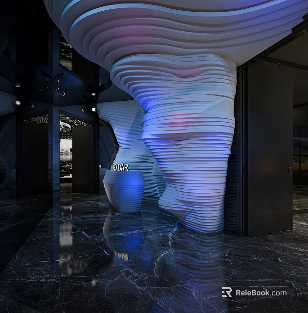 Modern Bar Interior Design With Unique Curved Columns Blue Lighting And Marble Floor 3d model 
